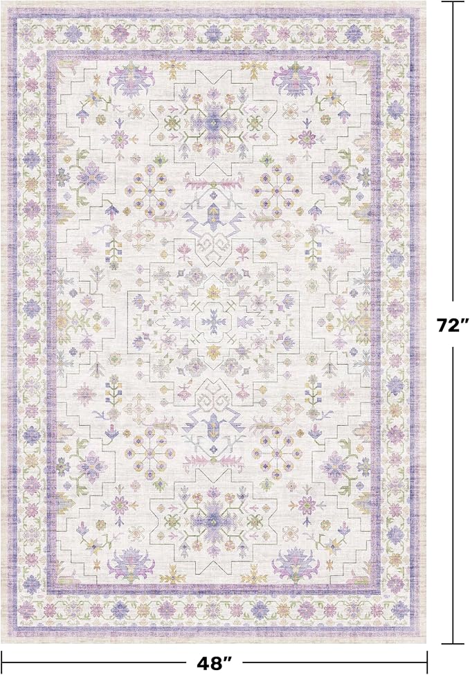 Purple Rugs for Girls Bedroom, Non Slip Machine Washable 4x6 Floral Area Rug - Image 2