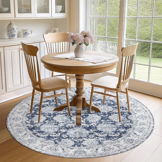 jinchan Fiora Round Rug 6ft Area Rugs Vintage Floral Distressed Design - Image 2
