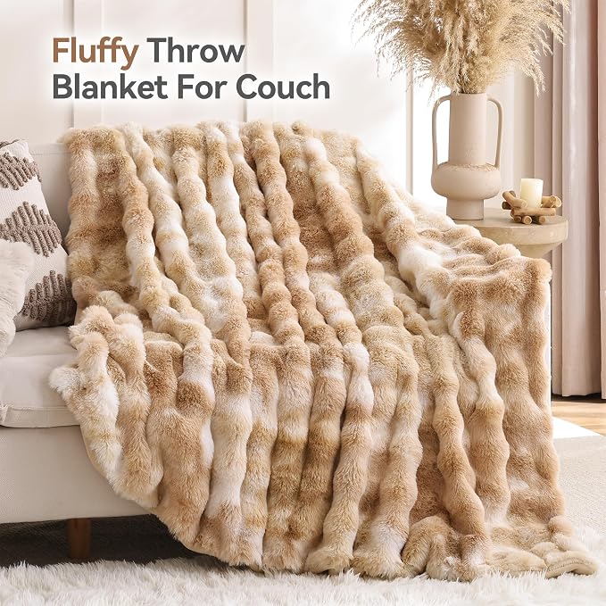 Smoofy Faux Fur Throw Blanket for Couch – Tie-dye Camel Fluffy Cozy Rabbit - Image 3