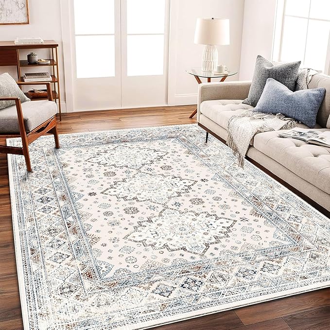 Washable Area Rug 10x14 Retro Flowers Boho Design Non-Shedding Easy Care Ideal by CHAMPLANT