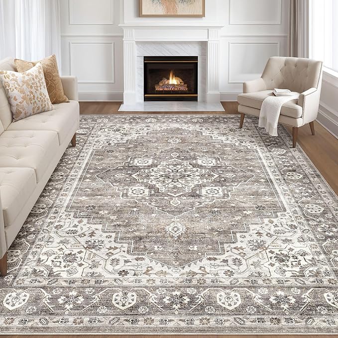 10x14 Area Rugs Living Room: Washable Boho Large Neutral Vintage Soft Rug Stain by LOONGRUG