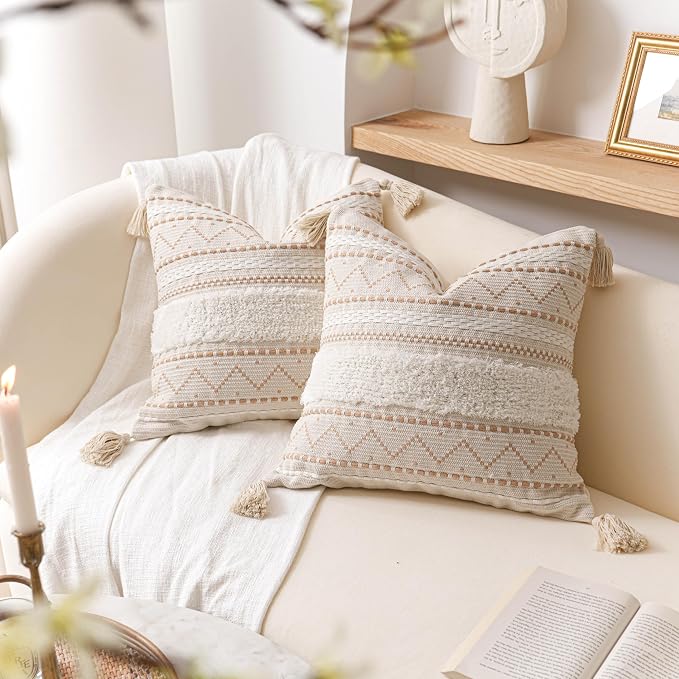 BlissBlush Decorative Throw Pillow Cover 18X18 Combo Set of 2 Square Cream by BlissBlush