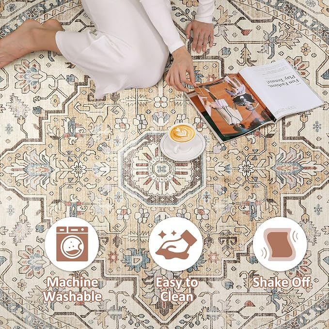 Round Rug Living Room Rugs: 8Ft Washable Boho Neutral Large Circle Soft Indoor - Image 2