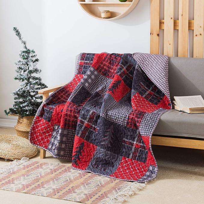 Soul & Lane Cabin Charm 50"x60" Quilted Throw: Plaid Quilted Blanket, Outdoor by SoulLane