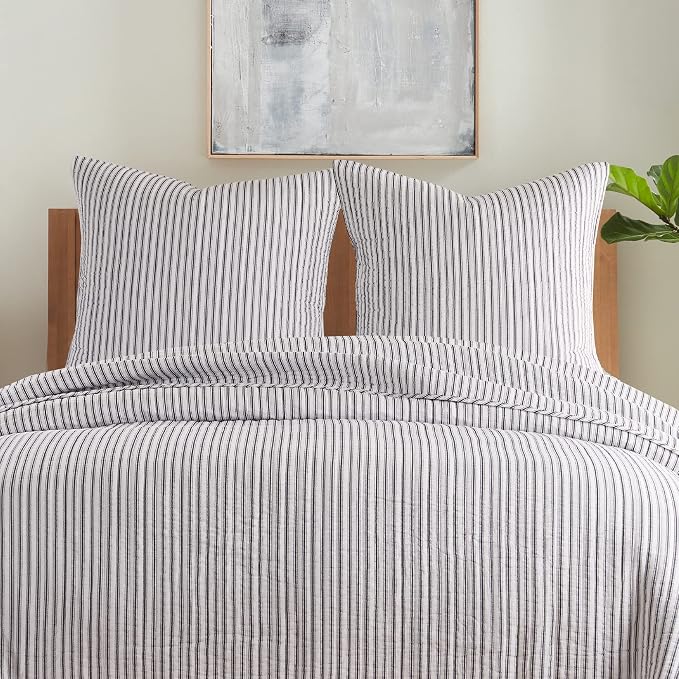 Levtex Home - Tobago Stripe Charcoal - Quilted Charcoal and White Shams Set of - Image 2