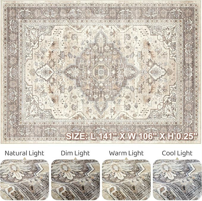 9x12 Area Rug Living Room: Washable Boho Large Neutral Vintage Soft Rugs Stain - Image 9