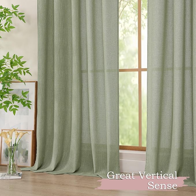 Simplebrand Sage Green Semi Sheer Faux Linen Textured 120 Inches Long Curtains - Image 7