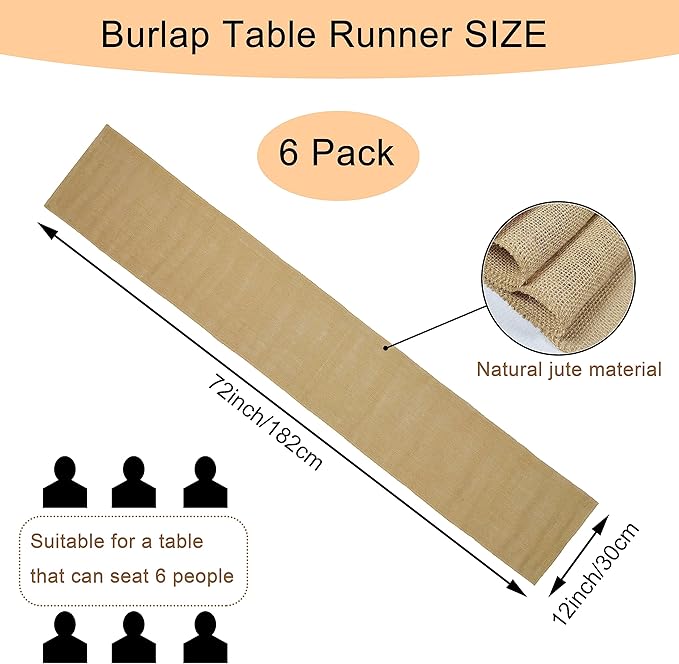 6 Pack Natural Burlap Table Runners, 12 x 72 Inch Rustic Jute Table Runner and - Image 2
