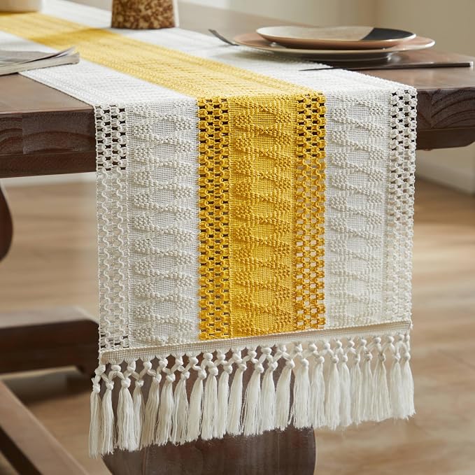 ZeeMart Macrame Style Bicolor Stitching Table Runner, 14 x 48 Inch Mustard/Ivory - Image 7