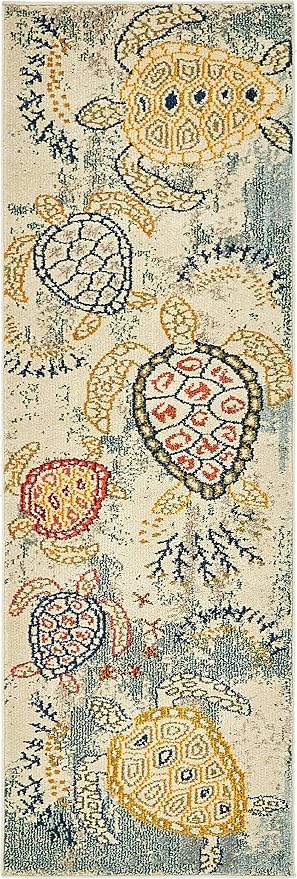 Unique Loom Positano Collection Coastal Modern Turtles Beige Runner Rug - Image 7