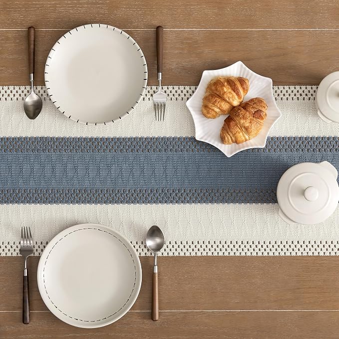 ZeeMart Macrame Style Bicolor Stitching Table Runner, 14 x 60 Inch Navy/Ivory - Image 5