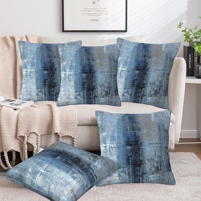 Throw Pillow Cover Case Blue and Grey Abstract Art Pillow Covers 16x16 Inch Set - Image 6