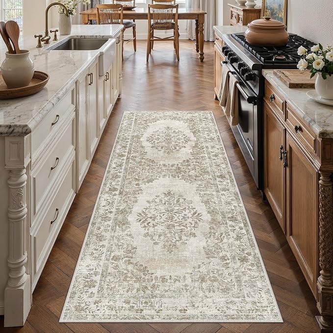 2x6 Runner Rug Beige Washable Hallway Kitchen Bedroom Vintage Distressed by PureCozy