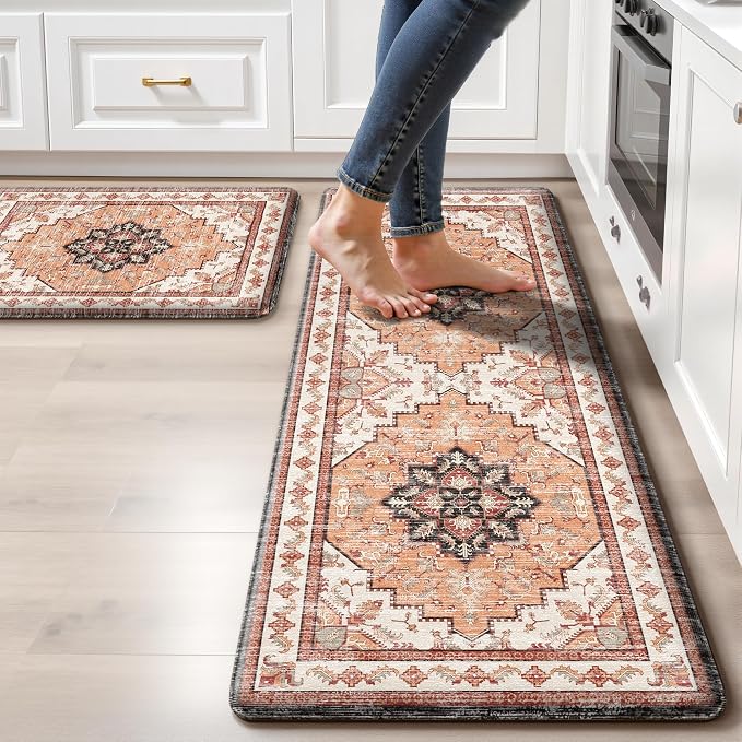 Boho Kitchen Mats for Floor 2 Piece Set Anti Fatigue Cushioned PVC Kitchen Rugs by tubeamin