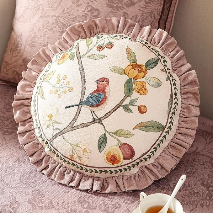 Pink Farmhouse Round Throw Pillow Covers, Birds and Flowers Pattern Cozy Velvet - Image 2
