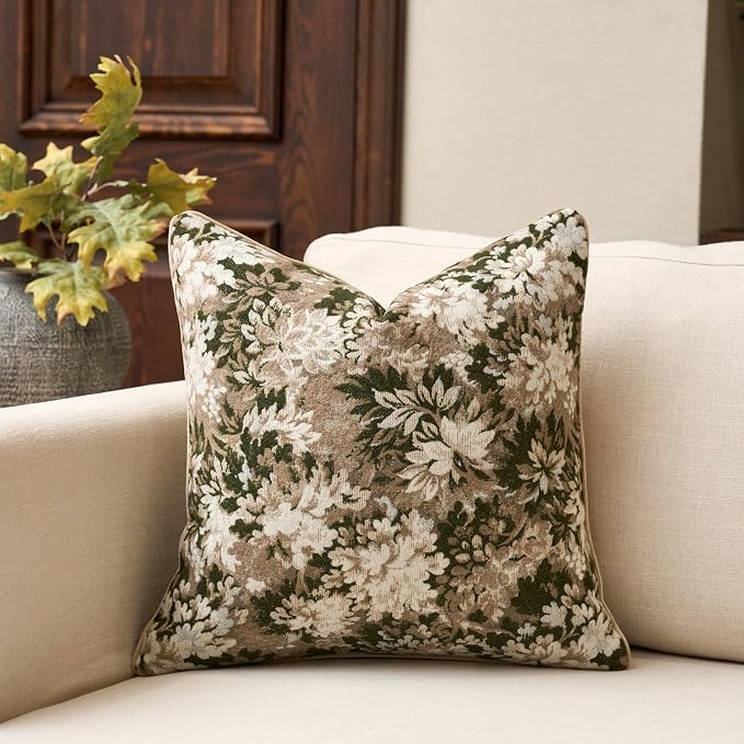 Yangest Neutral Floral Pillow Cover 24 x 24 Inches, Vintage Chenille Square by Yangest