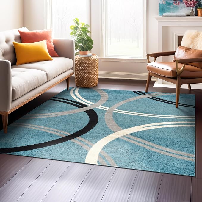 Rugshop Modern Wavy Circles Design Square Rug, Non-Shedding Carpet by Rugshop