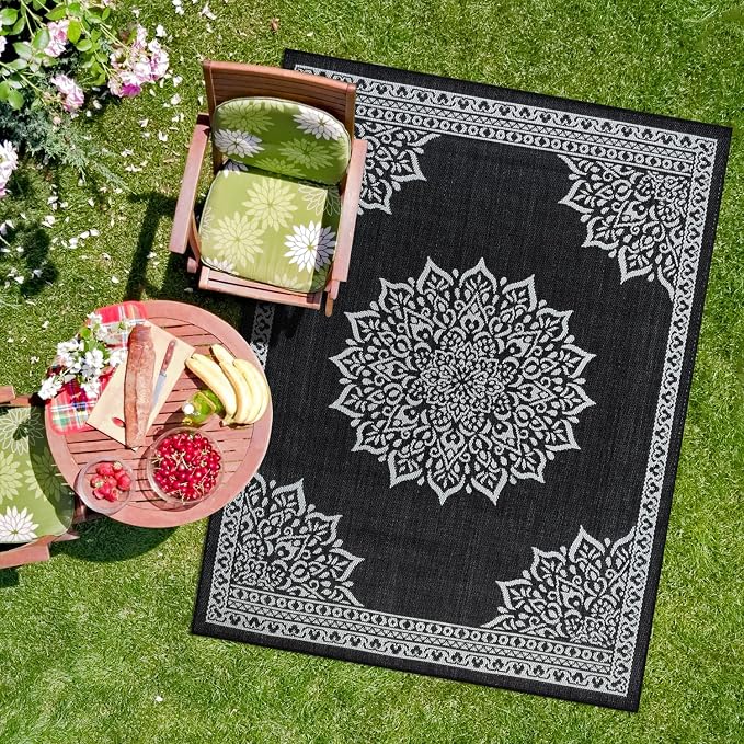 CAMILSON Indoor Outdoor Rug, 10x14 Medallion Black White Modern Area Rugs - Image 7