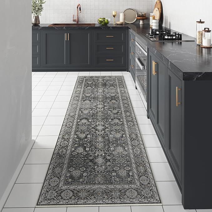 Black Runner Rug 3x7 Vintage Area Carpet Hallway Long Indoor Kitchen Washable - Image 6