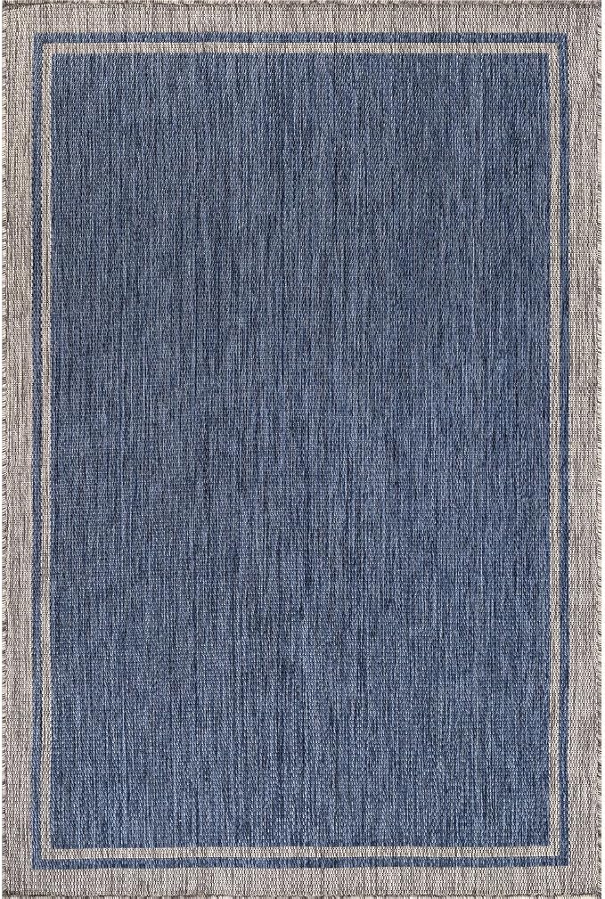 CAMILSON Indoor Outdoor Rug, 10x14 Bordered Navy Blue Gray Modern Large Area - Image 2