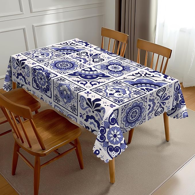 Talavera Mexican Tiles Tablecloth Navy Blue Flowers Leaves Hearts and Swirls by Unknown