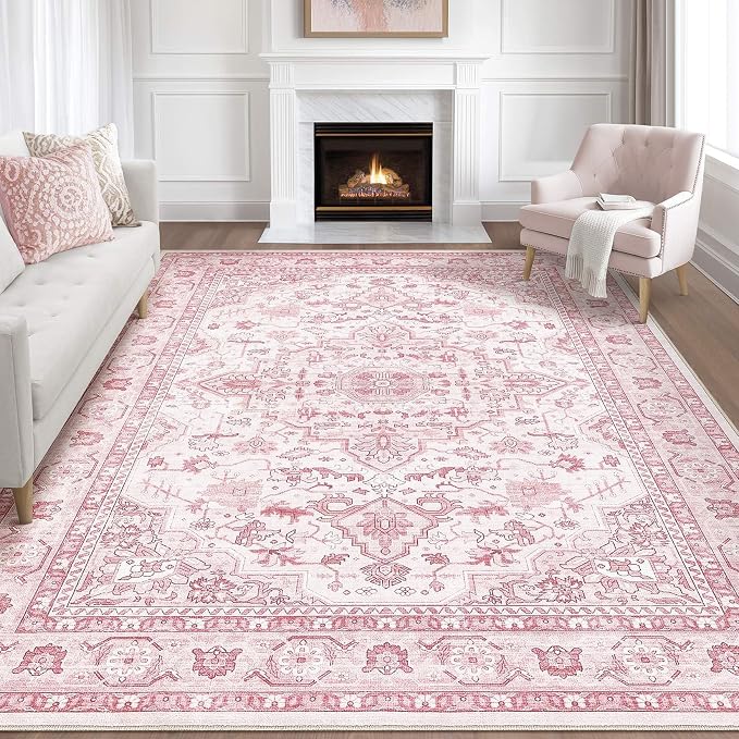 Pink Rugs for Bedroom Girls: 8x10 Washable Boho Large Neutral Cute Soft Area by LOONGRUG