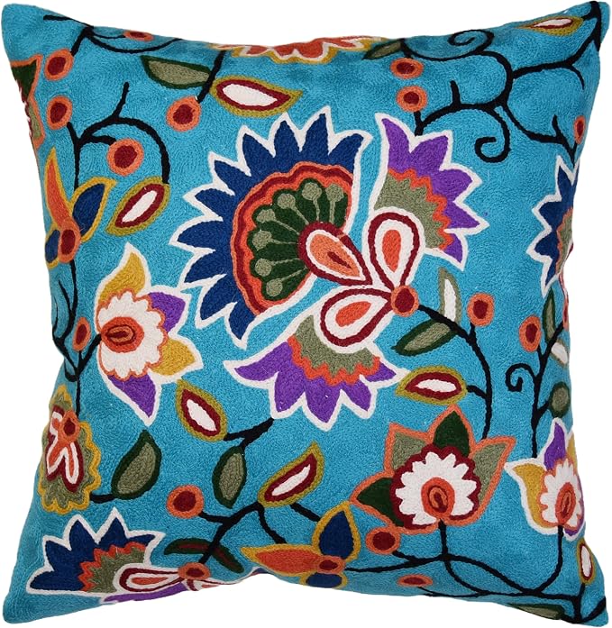 Turquoise Floral Pillow Cover Modern Flower Pillowcase Floral Hand Embroidered by Kashmir+Designs