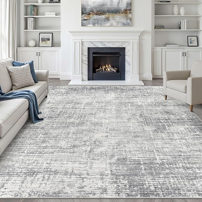 8x10 Area Rugs Living Room: Washable Large Neutral Grey Rug Abstract Soft by LOONGRUG
