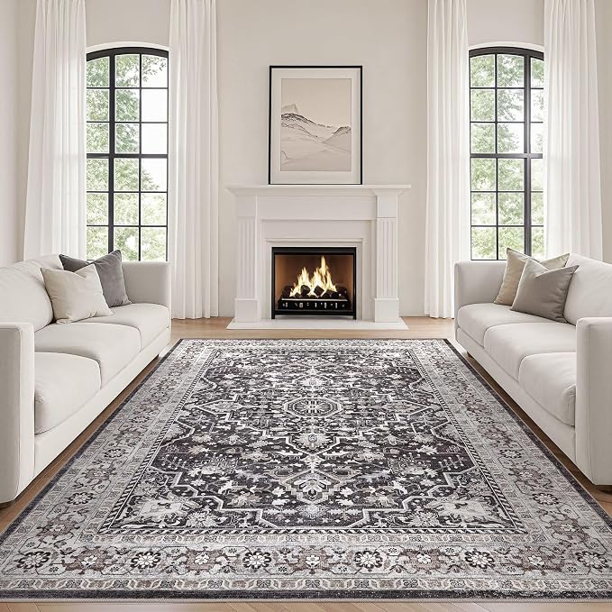 Black Rug Living Room Rugs: 12x15 Washable Boho Large Vintage Moody Soft by LOONGRUG