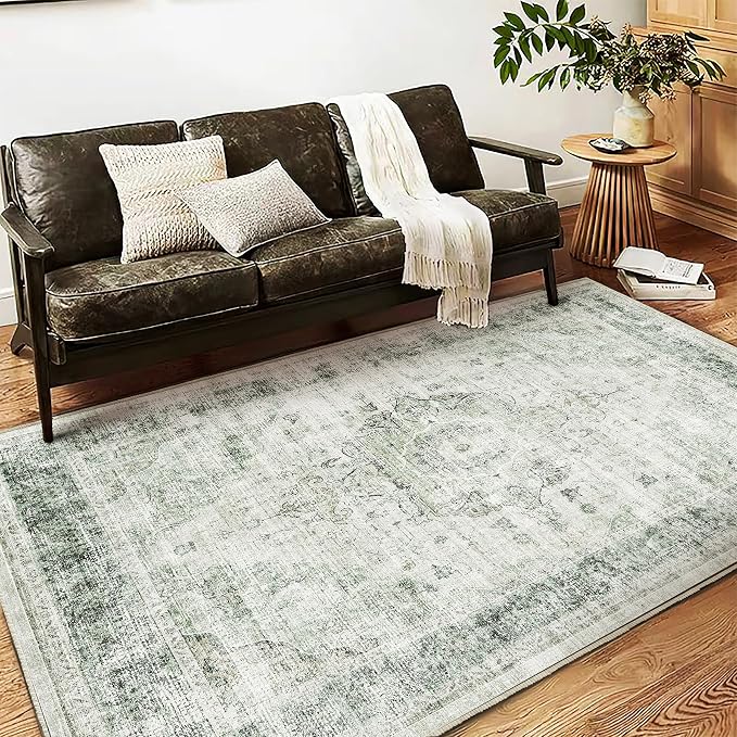 Area Rug 5'x7' Washable Rug Floral Green Vintage Traditional Floor Cover Thin - Image 3