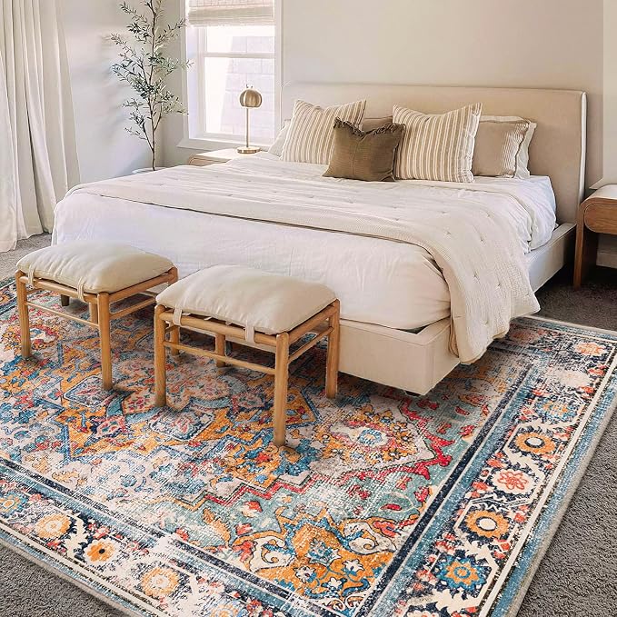 Washable Area Rug 9'x12' Boho Chic Medallion Distressed Design Non-Shedding - Image 3