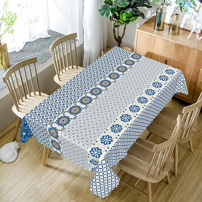 70x108inches Boho Rectangle Tablecloth Blue Floral Printed Bohemian Table Cloth - Image 5