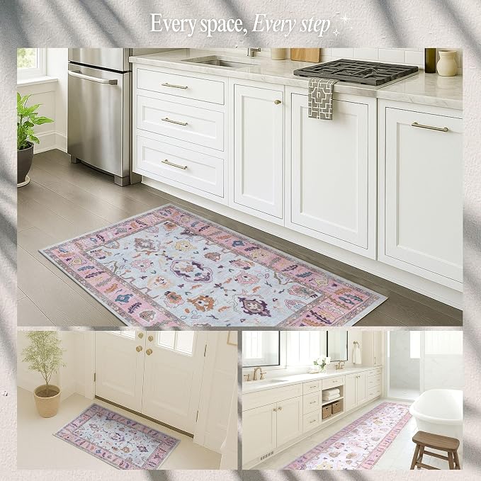 Fame Rugs Pink Beige Modern Oushak Rug 2'6"x7', Washable Vintage Turkish - Image 5