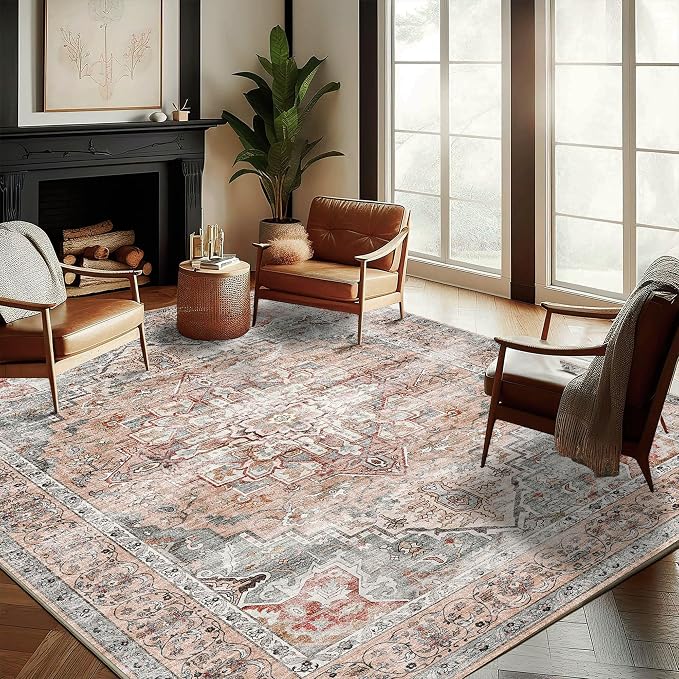 Washable Area Rug 9'x12' Light Cyan and Light red Retro Flowers Boho Design by CHAMPLANT