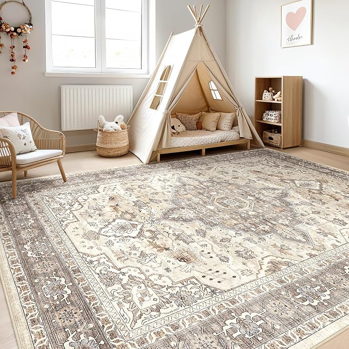 9x12 Area Rug Living Room: Washable Boho Large Neutral Vintage Soft Rugs Stain - Image 5