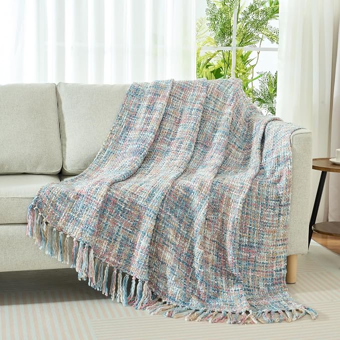 Multi-Color Pink Blue Cable Knitted Throw Blanket - Image 7