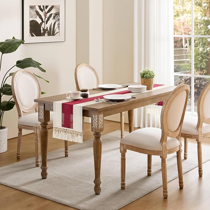 ZeeMart Macrame Style Bicolor Stitching Table Runner, 14 x 48 Inch Red/Ivory - Image 3