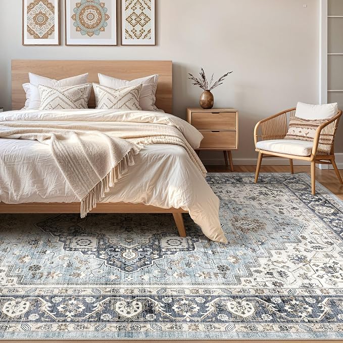 7x9 Area Rug Living Room: Washable Boho Large Neutral Vintage Soft Rugs Stain - Image 4