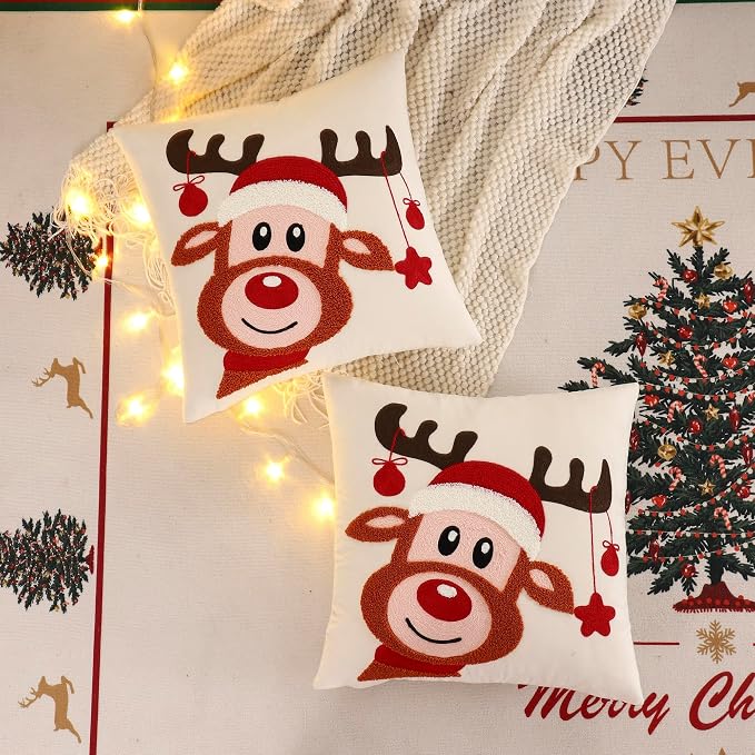 LUOYEHK Christmas Pillow Covers 18x18 Set of 2 Cute Reindeer Decorative Beige - Image 3