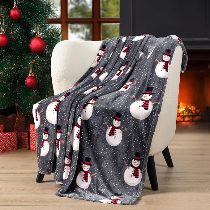 PAVILIA Christmas Snowman Throw Blanket | Grey Christmas Fleece Blanket | Soft - Image 2