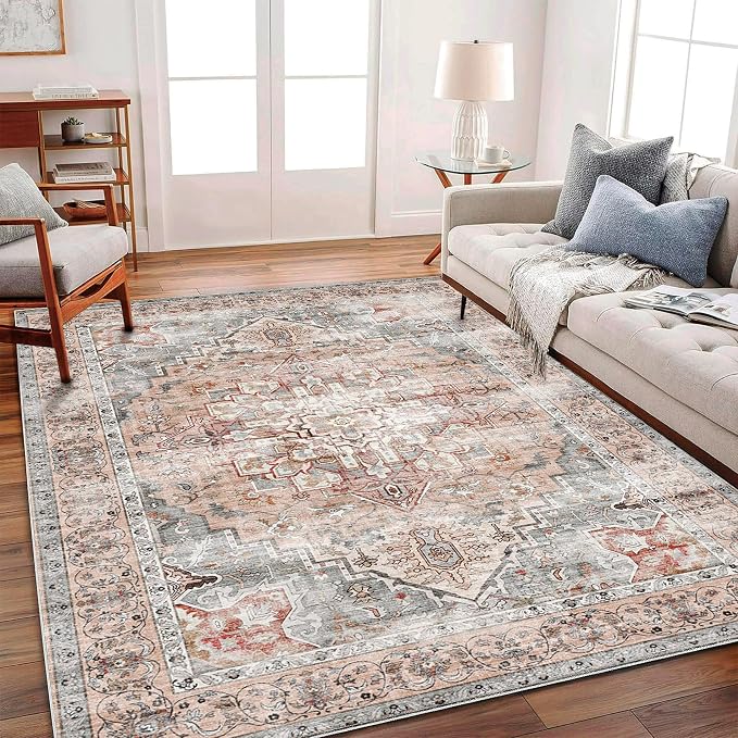 Area Rug 6'x9' Light Cyan and Light red Washable Vintage Traditional Floor by CHAMPLANT