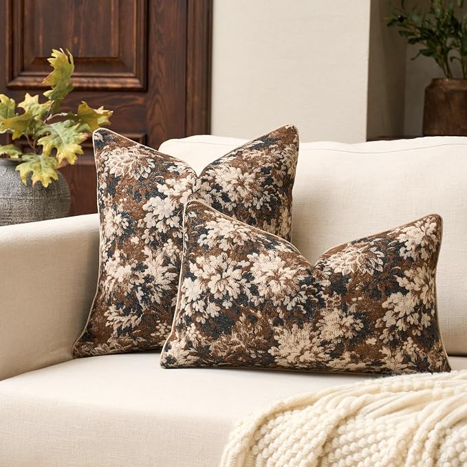 Yangest Neutral Floral Pillow Cover 20 x 20 Inches, Vintage Chenille Square - Image 4