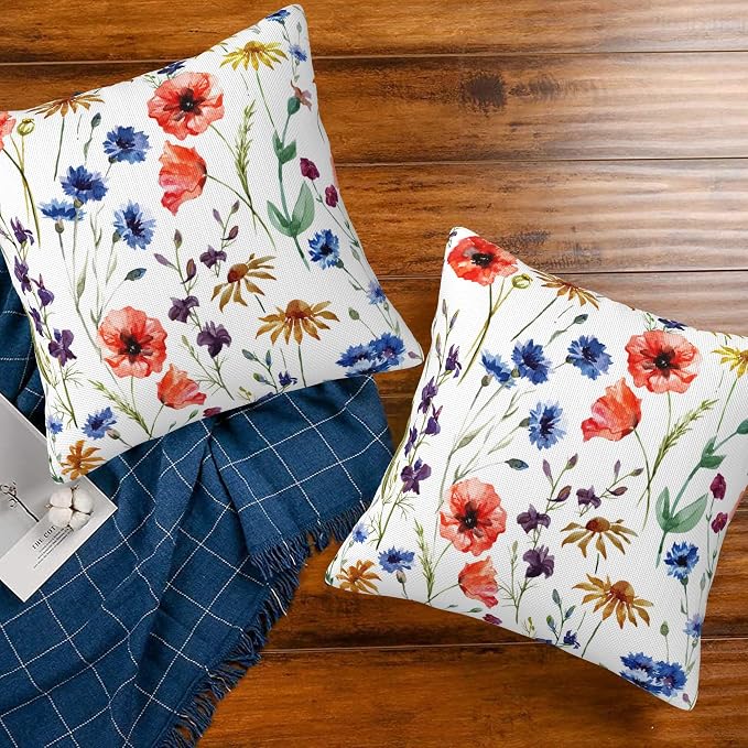 Wildflowers Throw Pillow Covers Set of 2 Watercolor Poppy Pillow Covers 16x16 - Image 7