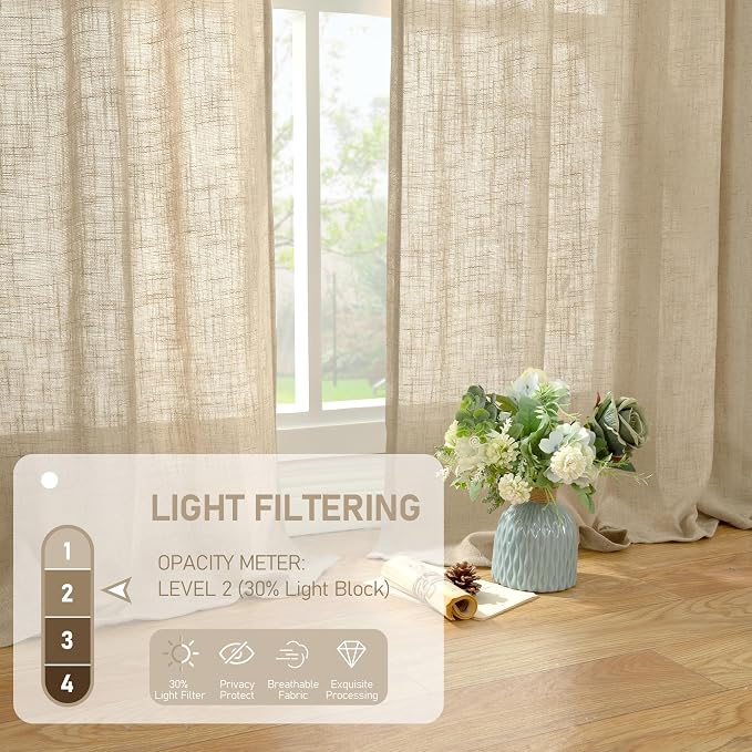 LAMIT Brown Semi Sheer Linen Curtains 48 Inch Length 2 Panels, Light Filtering - Image 4