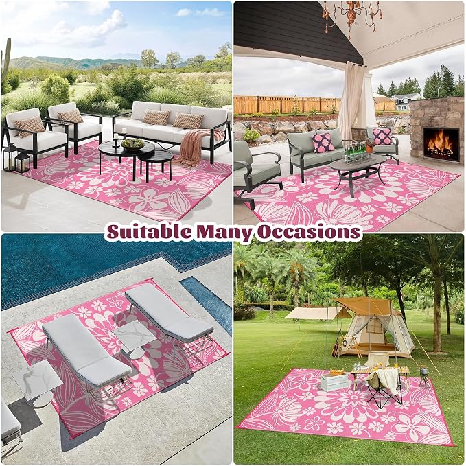 Ileading Outdoor Plastic Straw Rug 6x9ft Funny Floral Style Reversible Patio - Image 8