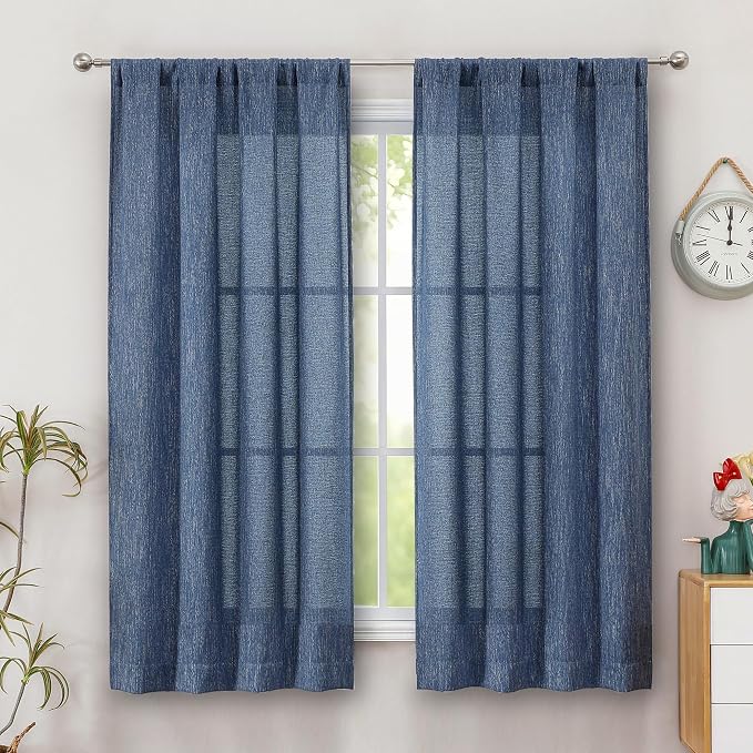 Simplebrand Navy Blue Faux Linen Textured Curtains 63 Inch Length 2 Panels by Simplebrand