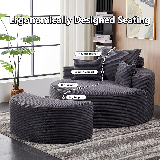 55.11" W Oversized Round Chaise Lounge Chair, Deep Seat Corduroy Cloud - Image 6