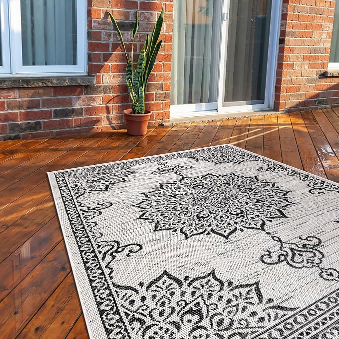 CAMILSON Outdoor Rug, 8x10 Medallion White Black Modern Area Rugs - Image 4