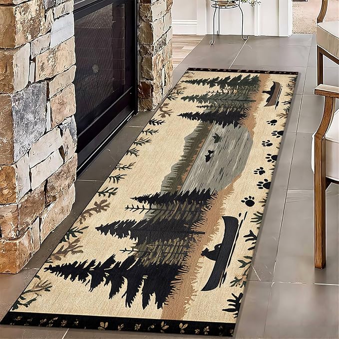 Vintage Bear Claw Fishing Boat Rug 3.3x10ft Elk Pine Forest Bohemian Carpet by Unknown