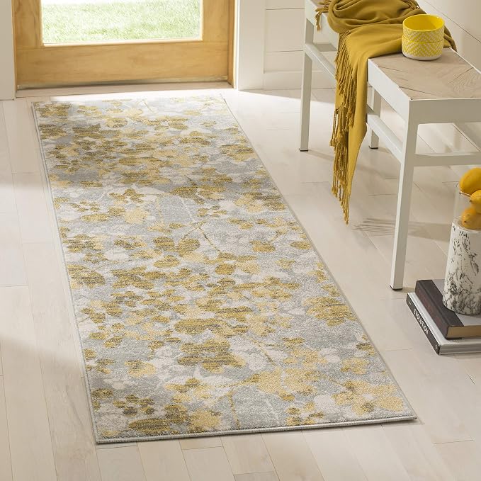 SAFAVIEH Evoke Collection 2'2" x 11' Grey / Gold EVK236P Floral Non-Shedding by SAFAVIEH